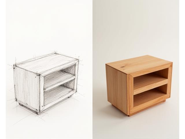 Handgetekende schets van een meubelstuk naast het voltooide houten meubel, wat het ontwerpproces illustreert.